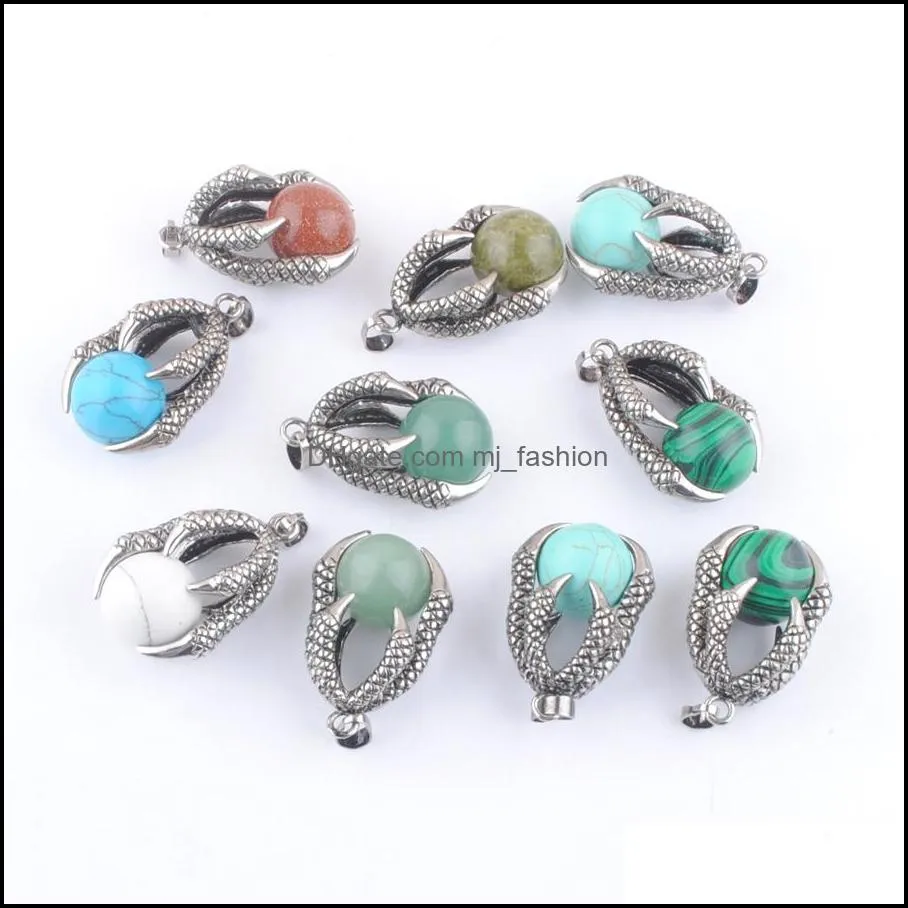 antique metal retro reiki dragon claw pendant natural round ball stone bead opal agates jaspers turquoises malachite dbn310