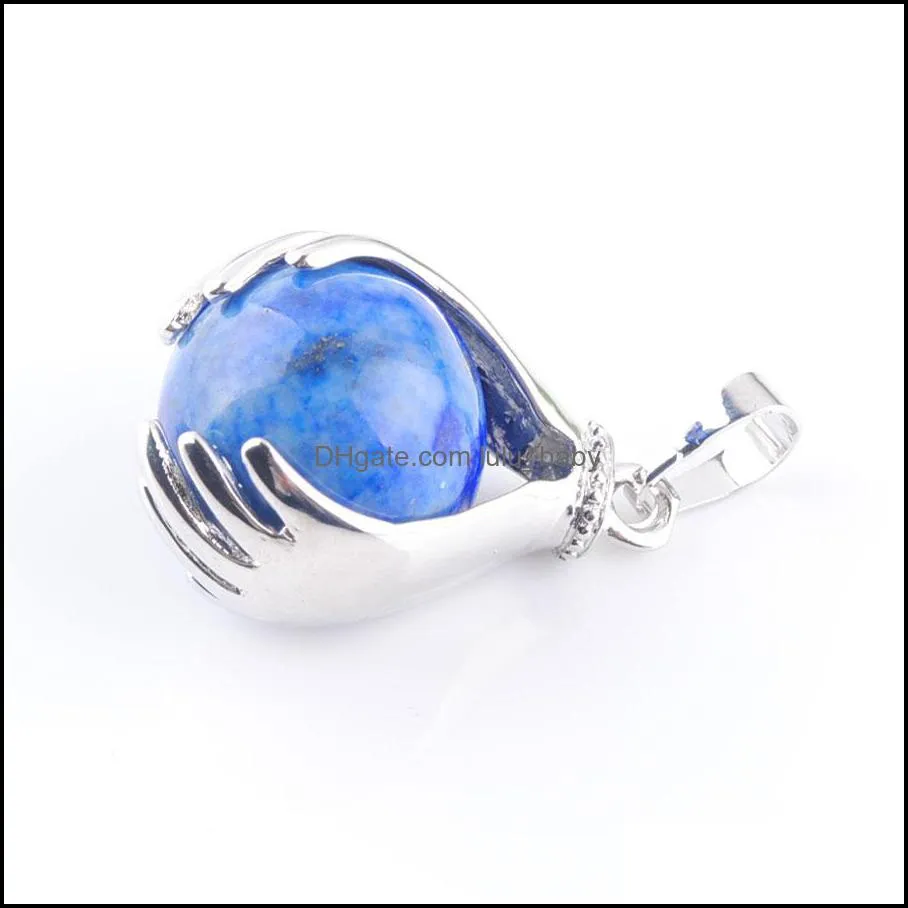 natural gemstone dangle pendant hands palm reiki chakra 16mm round ball beads stone amethyst rose quartzs lapis lazuli opal agate blue sand