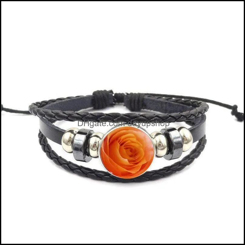 Pendant Necklaces Zgbywsjz For Women Girls Handmade Glass Cabochon Black Leather Bracelet Bangle Jewelry Customizable Rose Flower