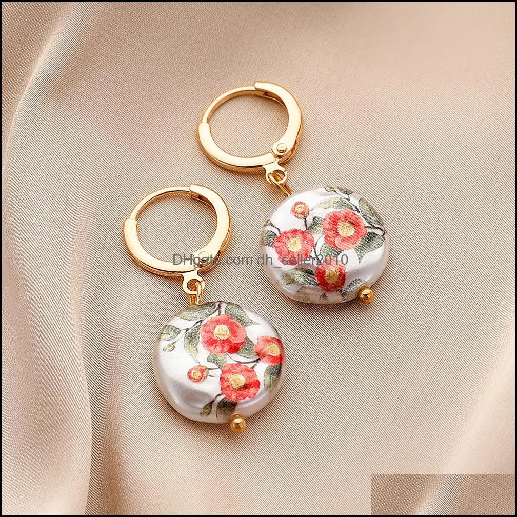 women fashion baroque pearl dangle earrings elegant 18k gold butterfly rose flower printed female earring jewelry wholesale