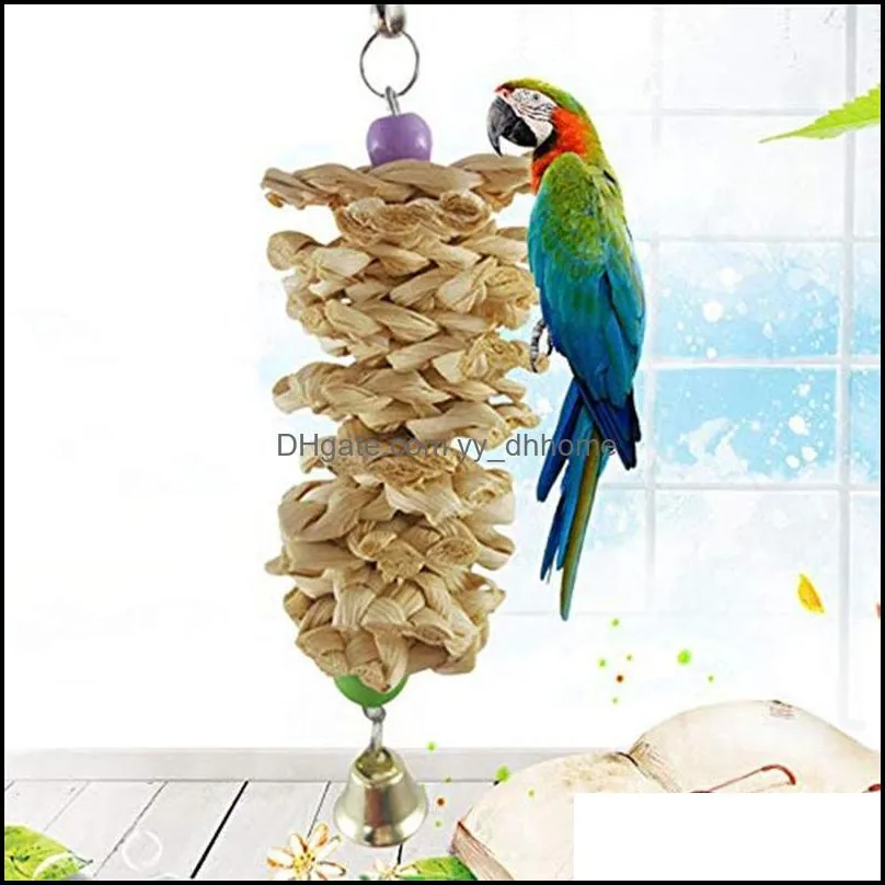 Bird Parrot Toy with Bell Natural Wooden Grass Chewing Bite Hanging Cage Swing Climb Chew Toys