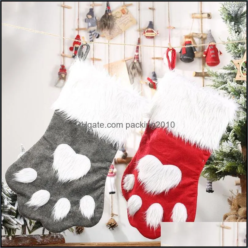 Christmas Party Dog Cat Paw Stocking Hanging Socks Tree Ornament Decor Hosiery Plush Xmas Socks Kids Gift Candy Bag