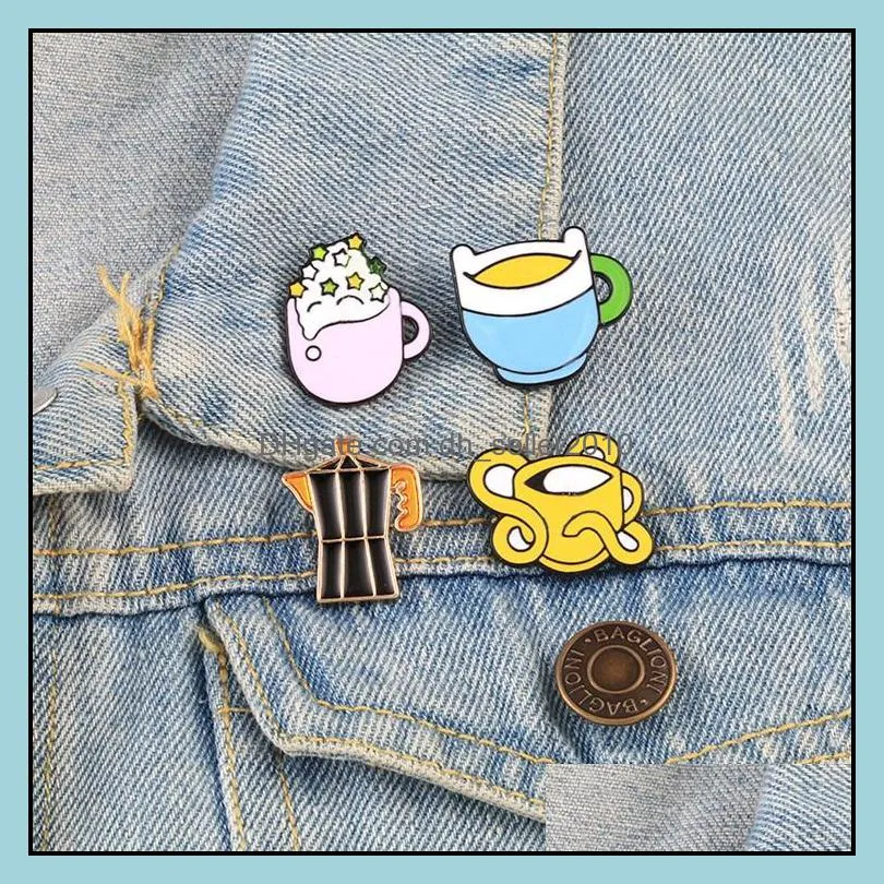Customized Cup Coffee Pot Shaped Brooches Alloy Oil Drop Enamel Pin Men Women Clothes Jewelry Badge Funny Coffee Cups Teacup Brooch 1061