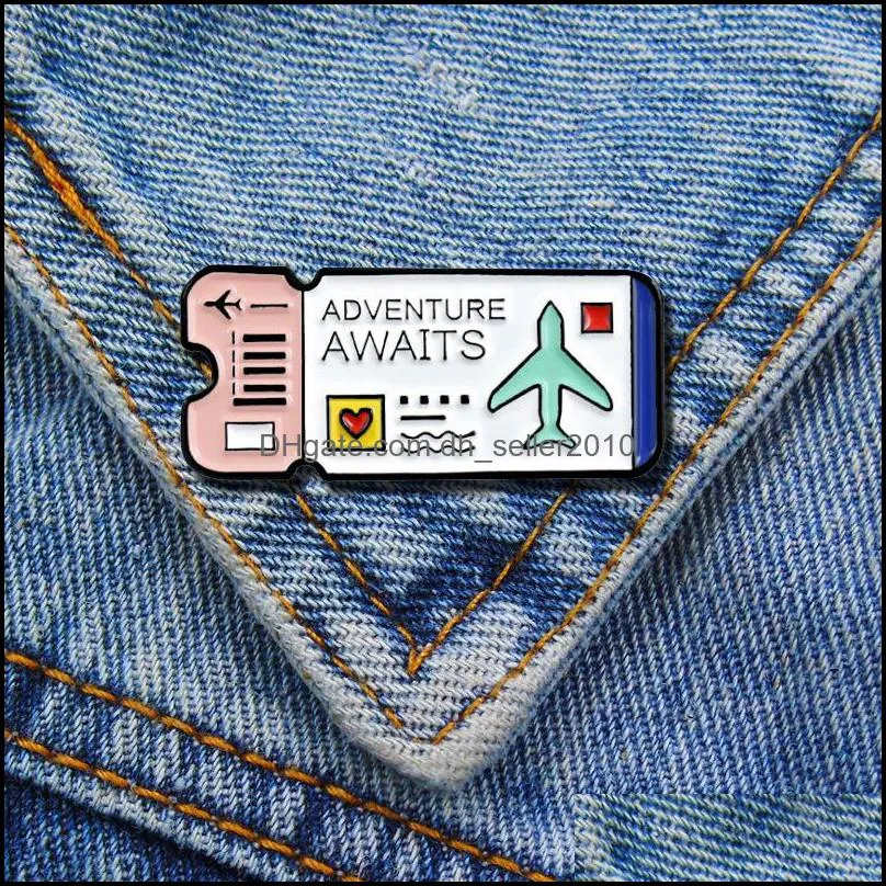 Cartoon brooch airline ticket ADVENTURE AWAITS enamel pin jeans Decoration white pink blue color 6141 Q2