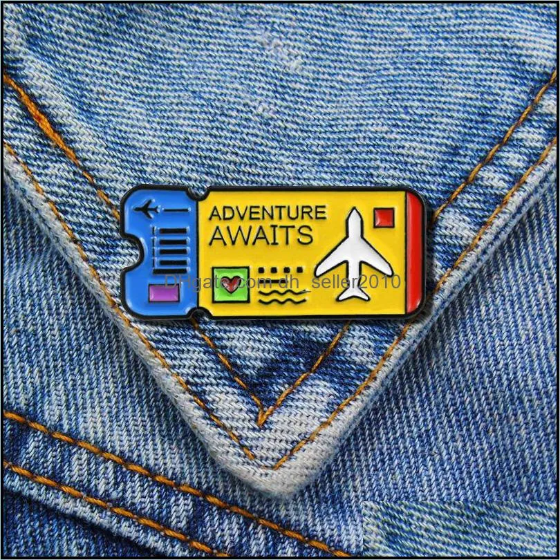 Cartoon brooch airline ticket ADVENTURE AWAITS enamel pin jeans Decoration white pink blue color 6141 Q2