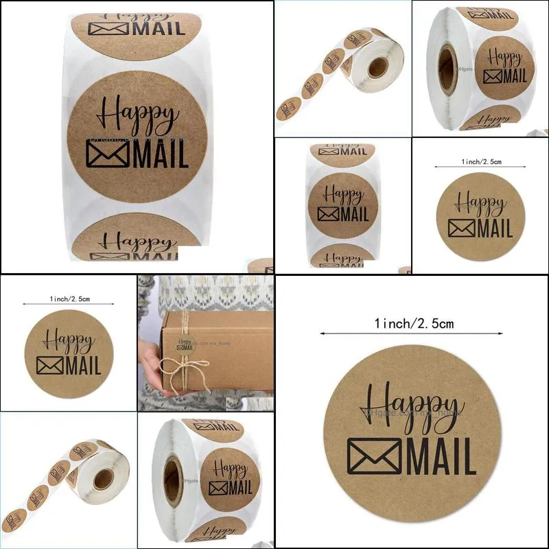 500pcs/roll Round Shape Happy Mail Business Stickers 1 inch Brown Gift Hand Stickers Envelope Sealed Stationery Sticker