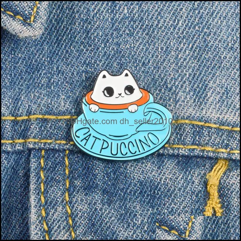 Enamel Brooches Cartoon Coffee Cup Cute Cat Button Pins Clothes Bag Badge Jewelry Gift For Friends Kids 6140 Q2