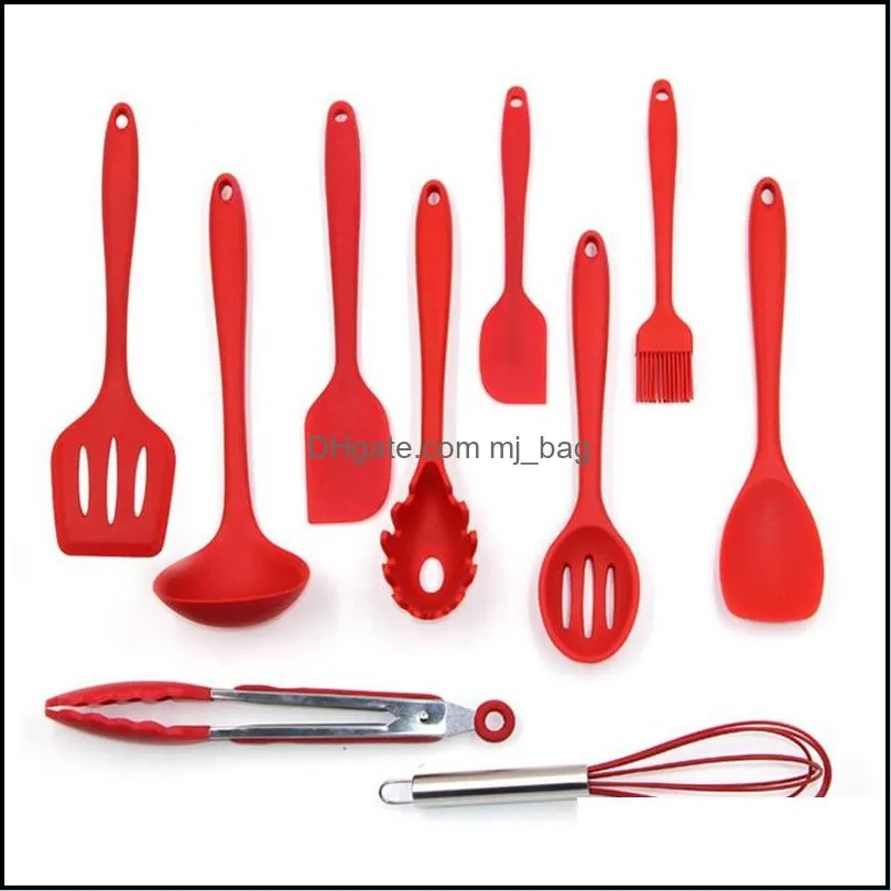 10pcs/set Silicone Kitchen Utensils Cooking Set Pan Spatula Spoon Ladle Turner Egg Beaters Spaghetti Server Slotted Cooking Tools