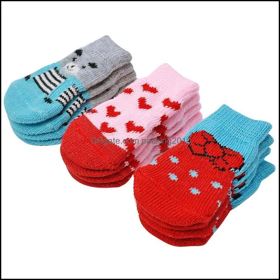 Cute Puppy Dog Shoes Anti-Slip Knit Socks Small Dogs Cat Shoes Chihuahua Boots Winter Indoor Wear Slip On Paw Protector 4pcs/set