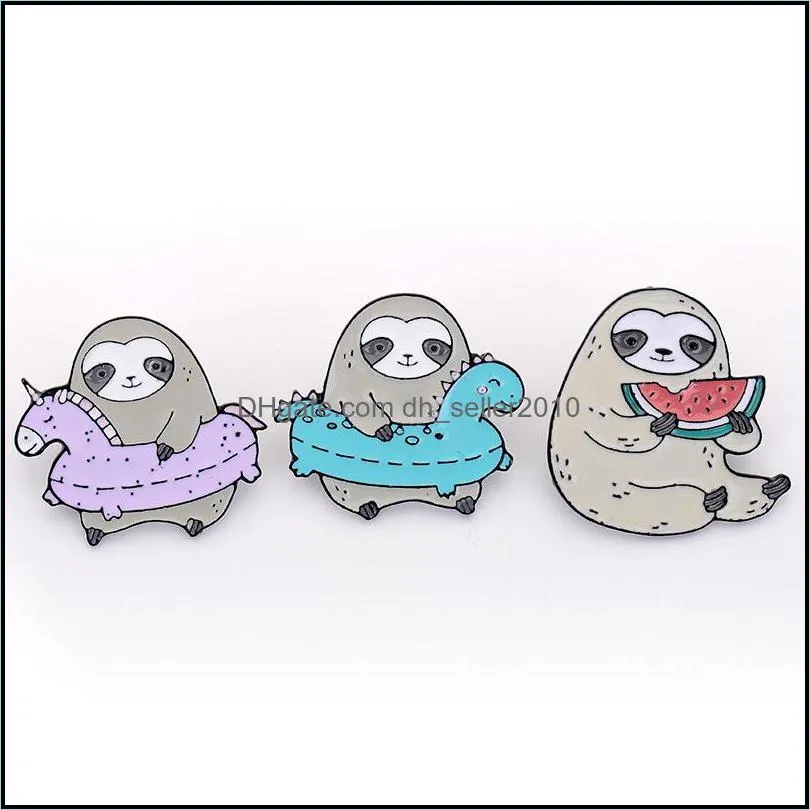 Sloth Swim Ring Eat Watermelon Brooch Cartoon Lapels Denim Coat Badge Pins Accessory