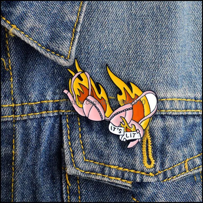 ITS LIT Bra Brooch Pink Shiny Bra Flame Lit Bra Badge Enamel Pins Denim Shirt Cute For Girl Women Couple Love Gifts 1414 D3