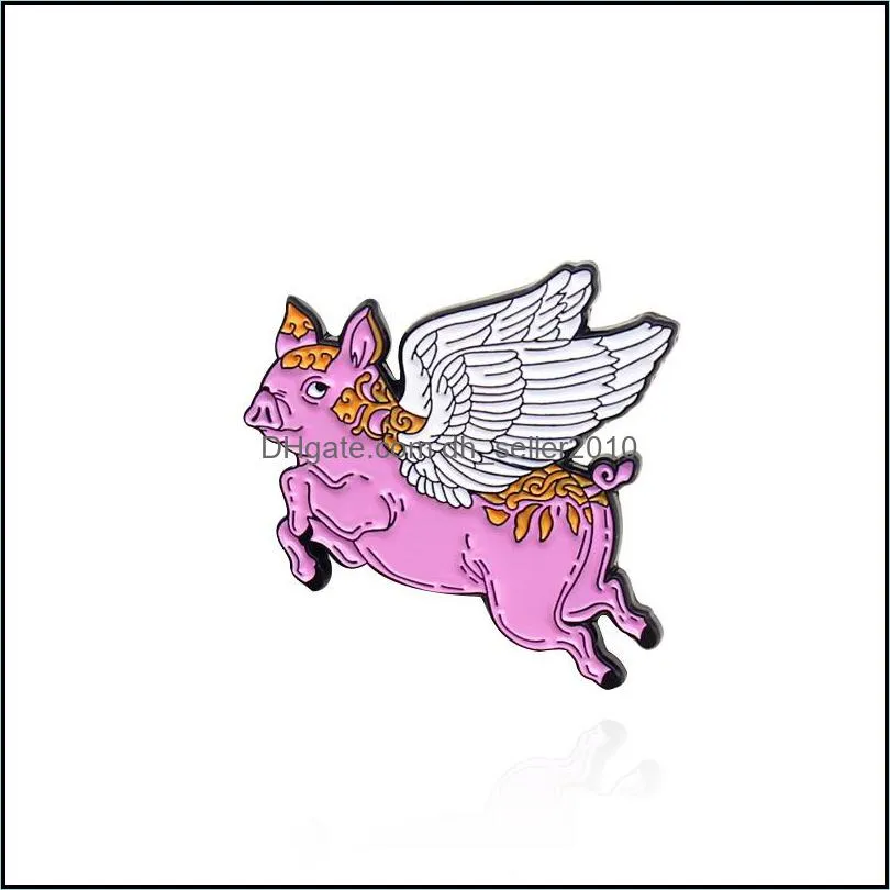 Pink pet pig Enamel Brooch Volcano eruption Lapel Pin White angel wings Lovely animals jewelry Badge 6154 Q2