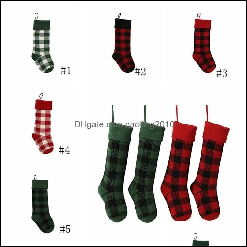 Knit Christmas Stockings  Check Christmas Stocking Plaid Xmas Socks Candy Gift Bag Indoor Christmas Decorations