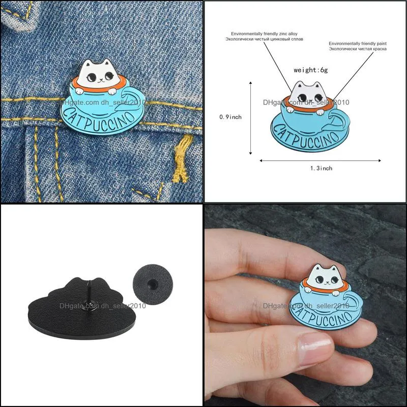Enamel Brooches Cartoon Coffee Cup Cute Cat Button Pins Clothes Bag Badge Jewelry Gift For Friends Kids 6140 Q2