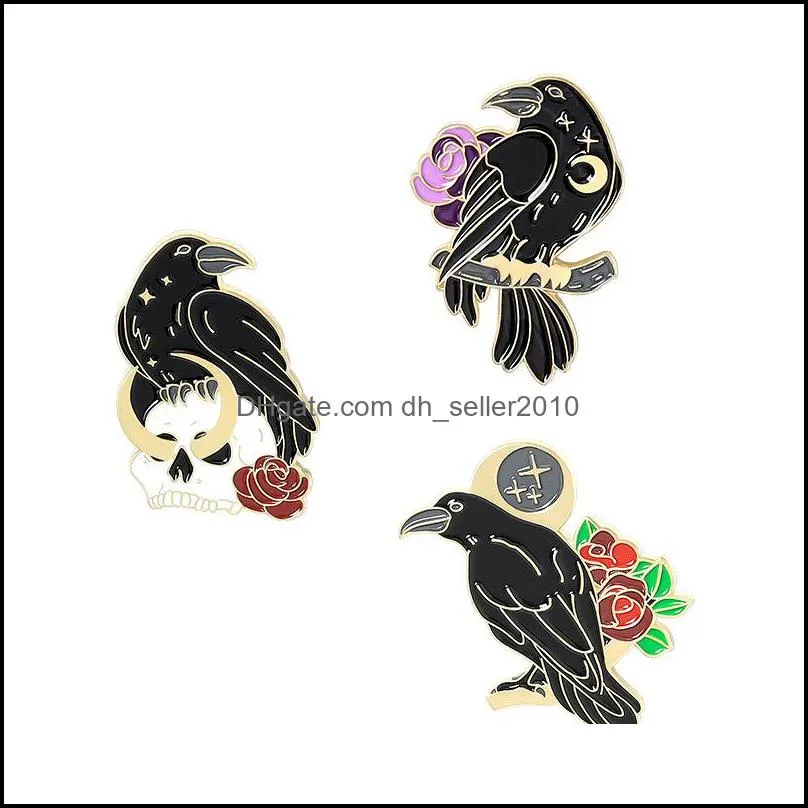 Gothic Dark Magic Brooches Creative Fashion Crow Skeleton Rose Enamel Pins Personality Unique Badges Lapel Backpack Jewelry Gift C3