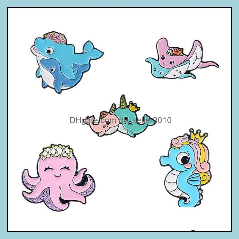 Customized Metal Enamel Pins Octopus  Hippocampus Ocean Animal Cartoon Cute Women Jewelry Backs Vintage Wholesale Brooch 1114