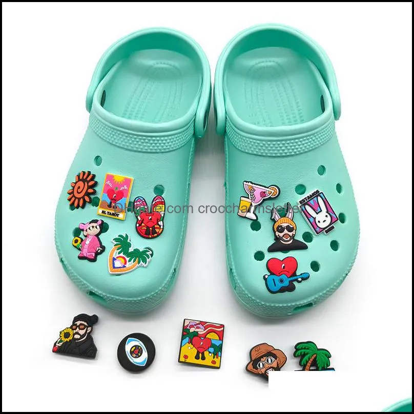 MOQ 50pcs new Bad Bunny shape croc charm 2D Soft pvc JIBZ Shoe parts charms accessories trend clog Shoe Buckles Decorations fit men Sandals kids favor wristlets