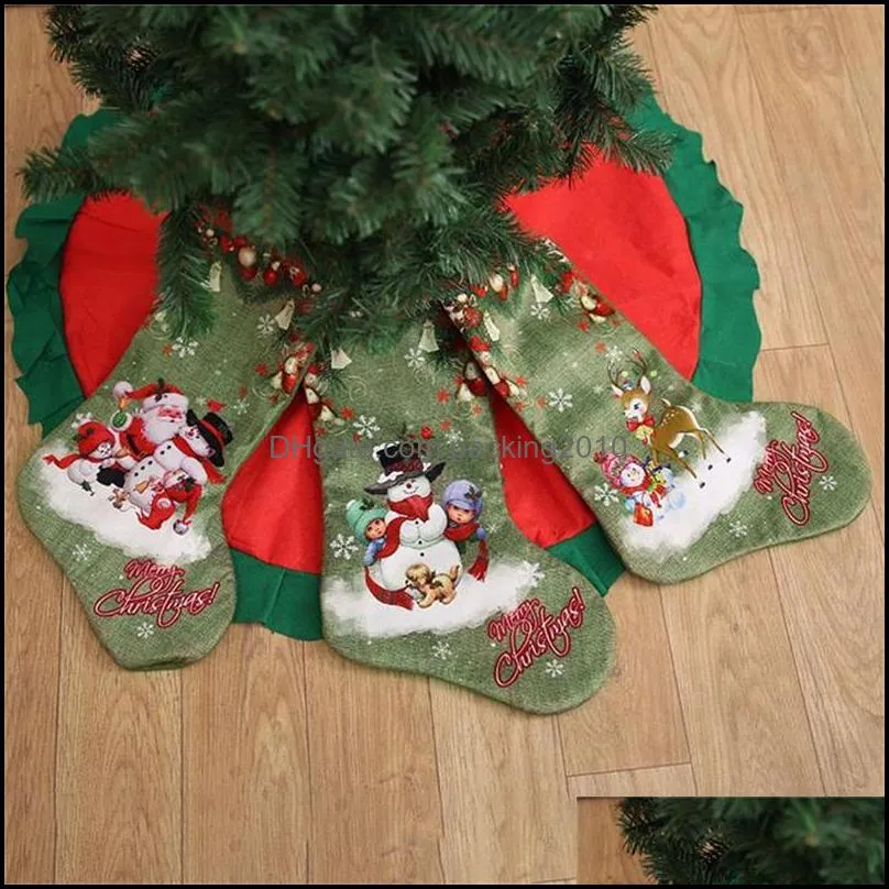 Green Christmas Big Sock Gift Bag Xmas Decoration Printed Christmas Socks Gift Candy Stockings Ornaments Children Gift Bag