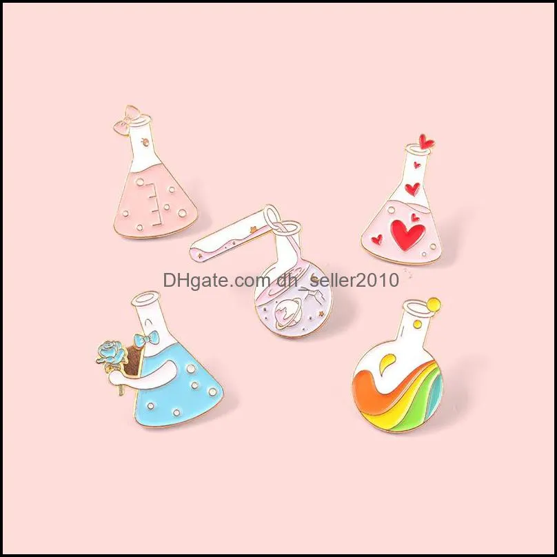 Customized Bulk Enamel Pins Creative Cartoon Love Experiment Bottles Brooches Beaker Bottle Rainbow Cup Metal Badge Enamel Jewelry 1227