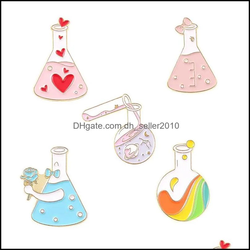 Customized Bulk Enamel Pins Creative Cartoon Love Experiment Bottles Brooches Beaker Bottle Rainbow Cup Metal Badge Enamel Jewelry 1227