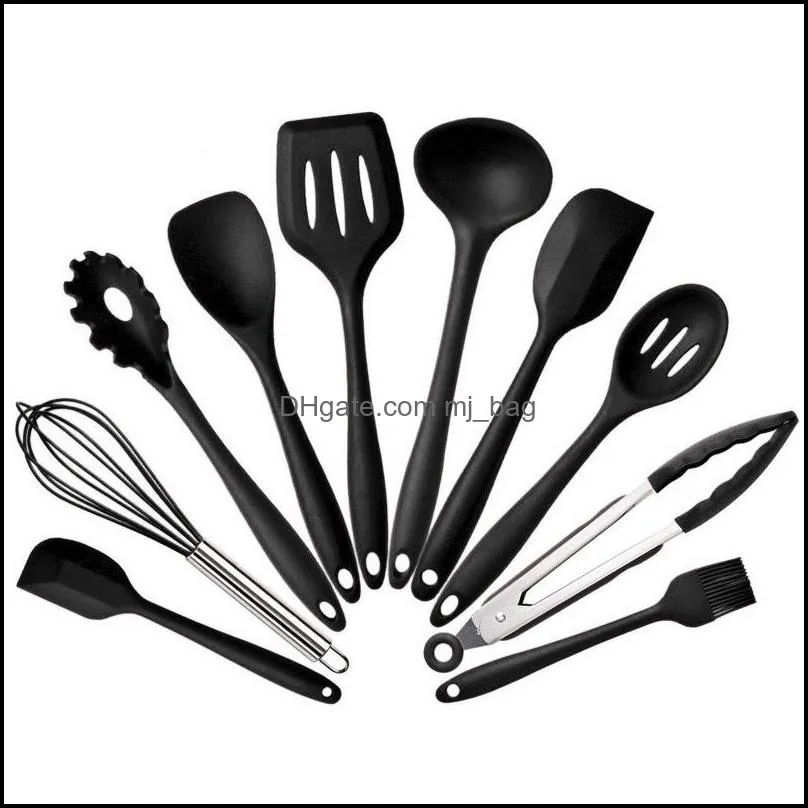 10pcs/set Silicone Kitchen Utensils Cooking Set Pan Spatula Spoon Ladle Turner Egg Beaters Spaghetti Server Slotted Cooking Tools