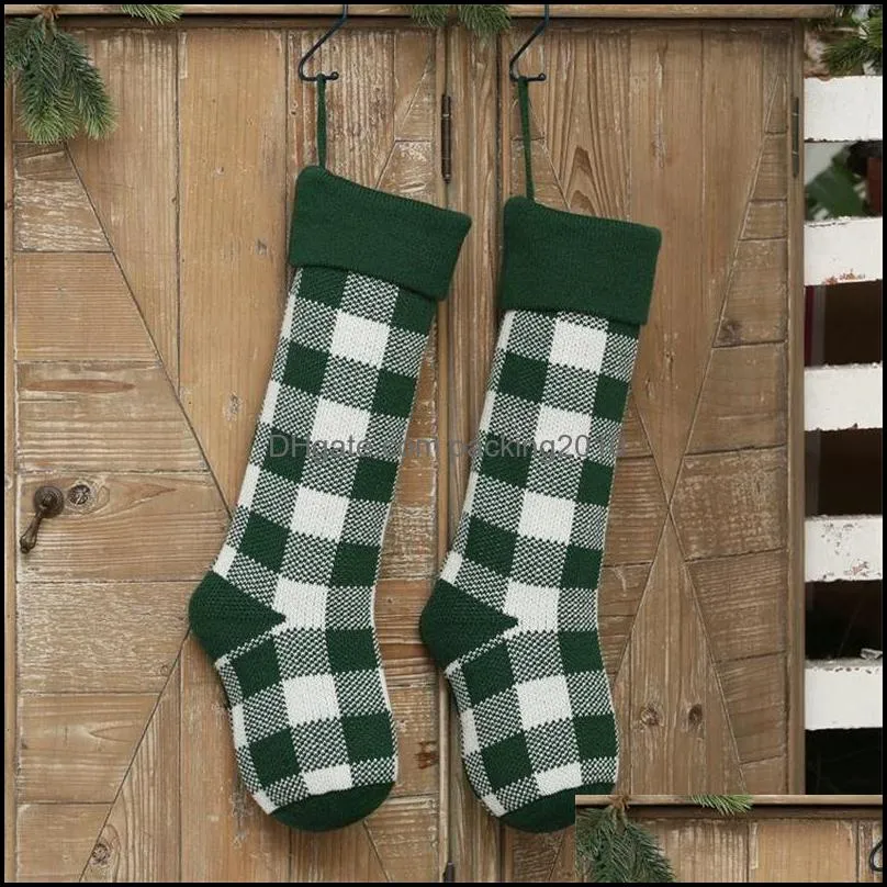Knit Christmas Stockings  Check Christmas Stocking Plaid Xmas Socks Candy Gift Bag Indoor Christmas Decorations