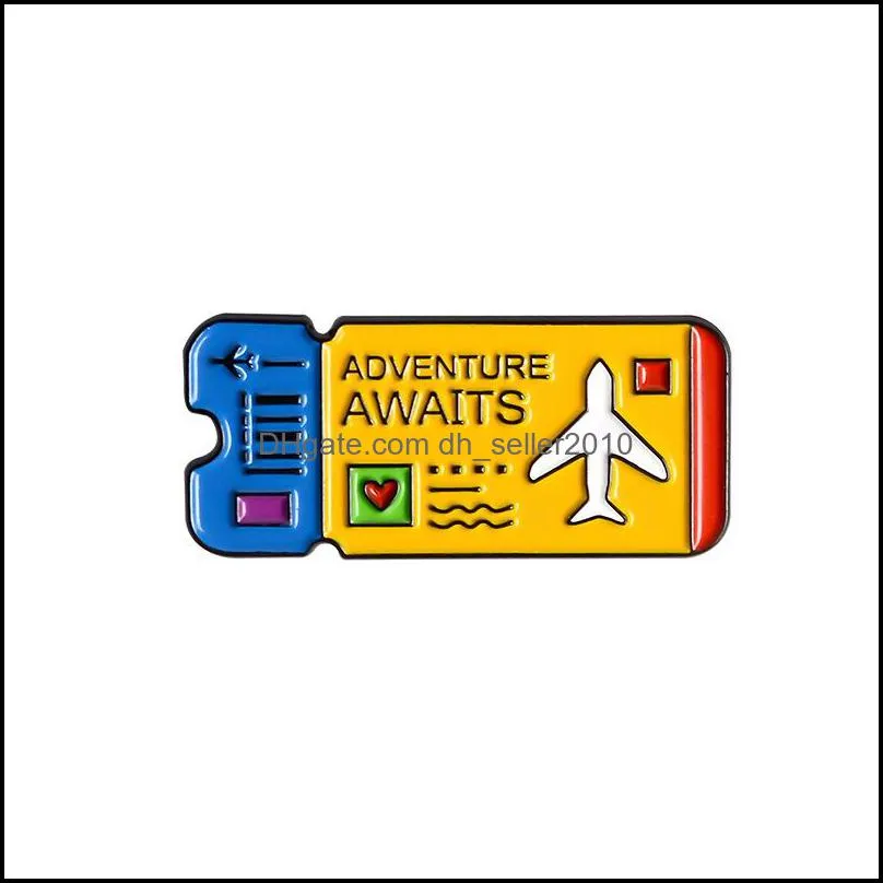 Cartoon brooch airline ticket ADVENTURE AWAITS enamel pin jeans Decoration white pink blue color 6141 Q2