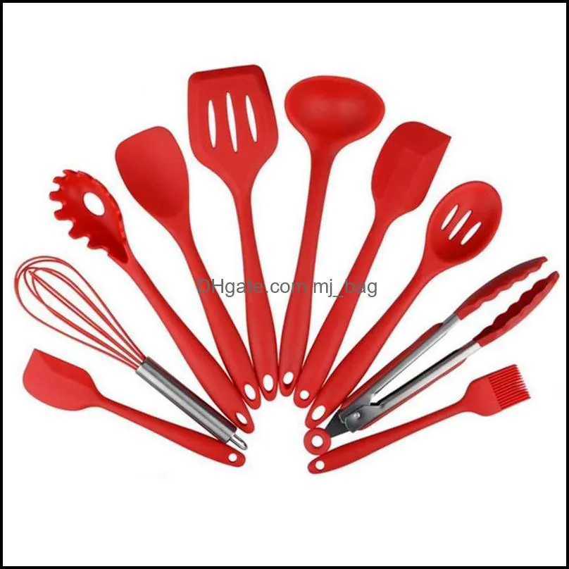 10pcs/set Silicone Kitchen Utensils Cooking Set Pan Spatula Spoon Ladle Turner Egg Beaters Spaghetti Server Slotted Cooking Tools