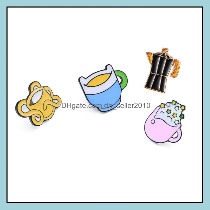 Customized Cup Coffee Pot Shaped Brooches Alloy Oil Drop Enamel Pin Men Women Clothes Jewelry Badge Funny Coffee Cups Teacup Brooch 1061