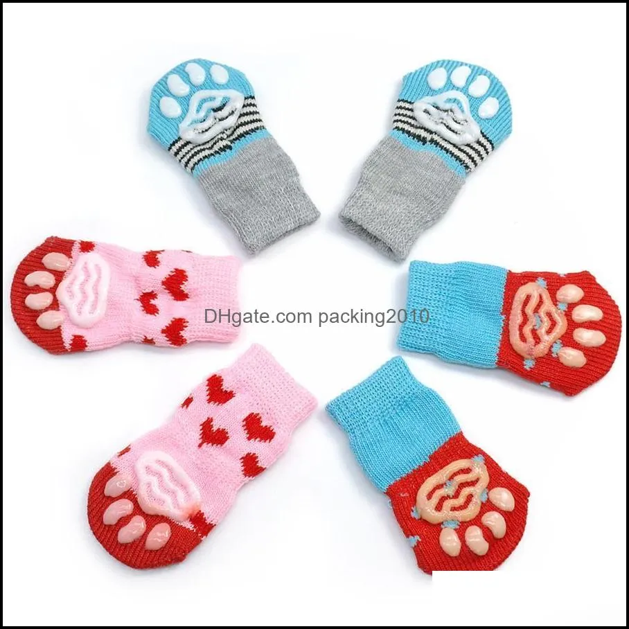 Cute Puppy Dog Shoes Anti-Slip Knit Socks Small Dogs Cat Shoes Chihuahua Boots Winter Indoor Wear Slip On Paw Protector 4pcs/set