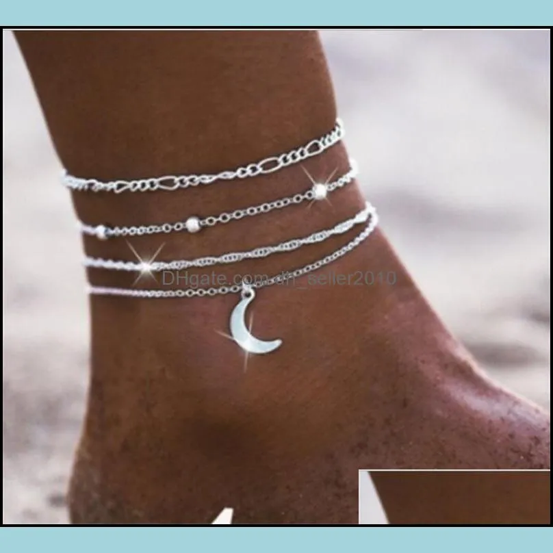 Women Fashion Anklet Jewelry Lady Moon Pendants Multilayer Plated Silver Charm Anklets Corrugated Chain 4 Piece Set 2 5cy J2
