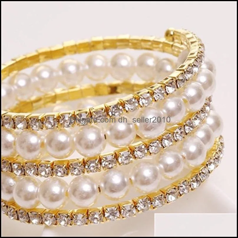 Elegant Imitation Pearl Bracelets Bangles For Women Multi Layered Crystal Bracelet Wrist Band Party Wedding Vintage Jewelry Charm 3697