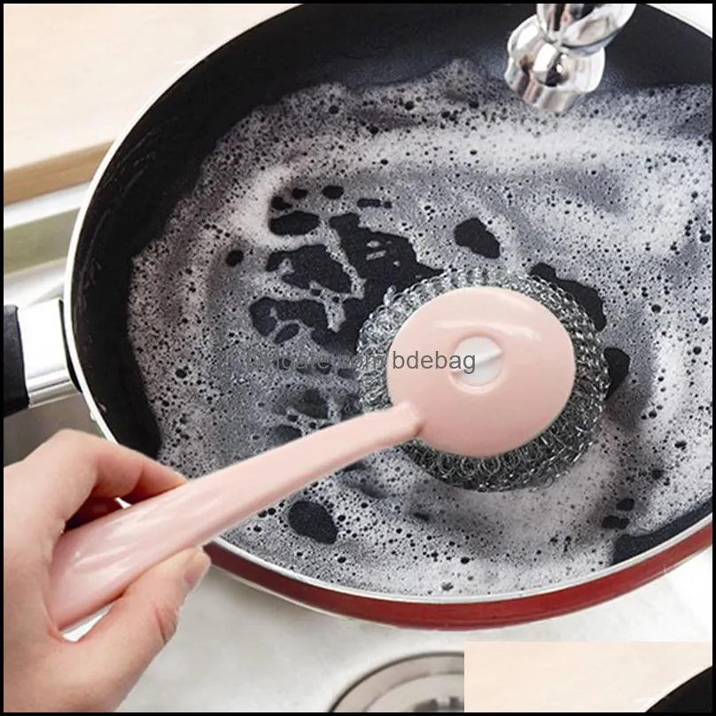 Metal Mesh Stainless Steel Wool Ball Cleaning Brush Kitchen Hanging Strong brush with long handle Pot Brush Magic Cleaner