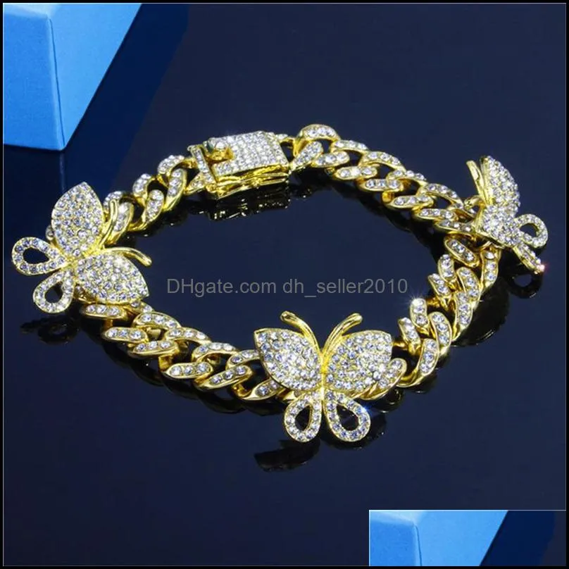 Iced Out Diamond Women Boday Chain Jewelry Rhinestone Cuban Link Anklets Chain Gold Silver Pink Butterfly Anklets Bracelets