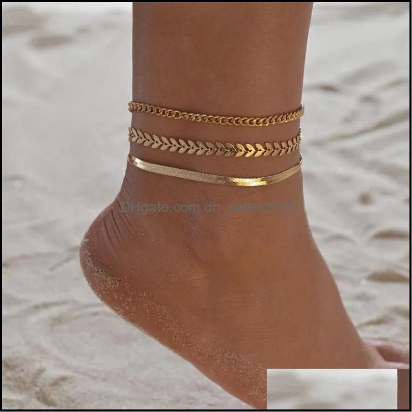 3pcs/set Gold Color Simple Chains Anklets For Women Foot Leg Chain Ankle Beach Bracelets Jewelry Accessories 180 W2