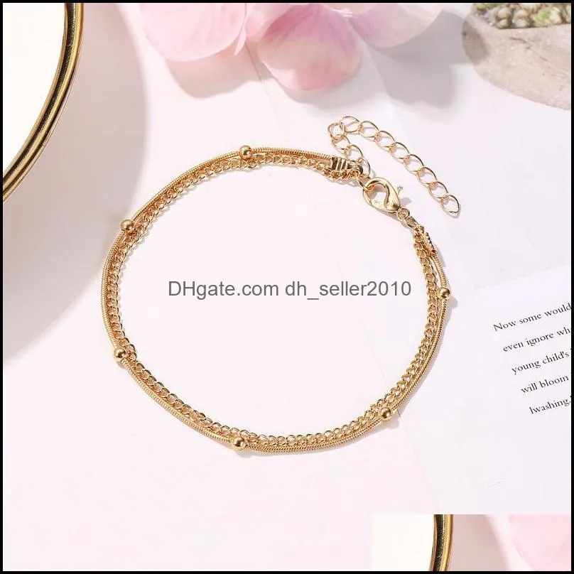 20pcs/Lot Double Layer Gold Anklets European Fashion Summer Foot Jewelry For Women Beach Beads Geometric Anklets Ornaments 343 Q2