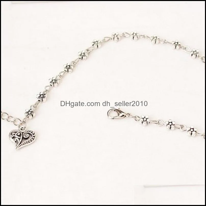 Vintage Silver Tassels Flower Heart Pendant Foot Anklets Bracelets. Women Smart bangles ps1088 565 T2