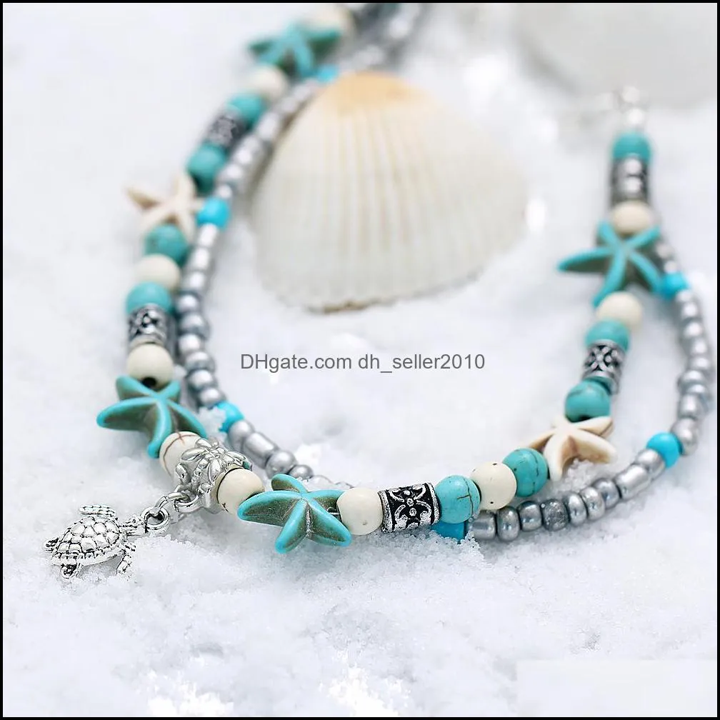 Bohemian Starfish Turtle Anklets for Women BOHO Elephant owl Wave charm Beads Stone Chain Ankle Bracelet on Leg Beach Jewelry 512 T2
