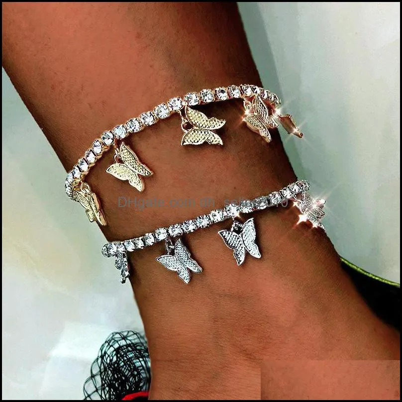 Plated Gold Butterfly Women Anklets Jewelry Rhinestone crystal Lady Pendants Ankle Bracelet Fashion Foot Ornament Shining 3zy J2B