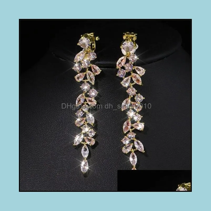 Fashion Cubic Zirconia Crystal Long Drop Leaf Earrings for Elegant Women CZ Bridal Wedding Jewelry Accessories 1205 E3