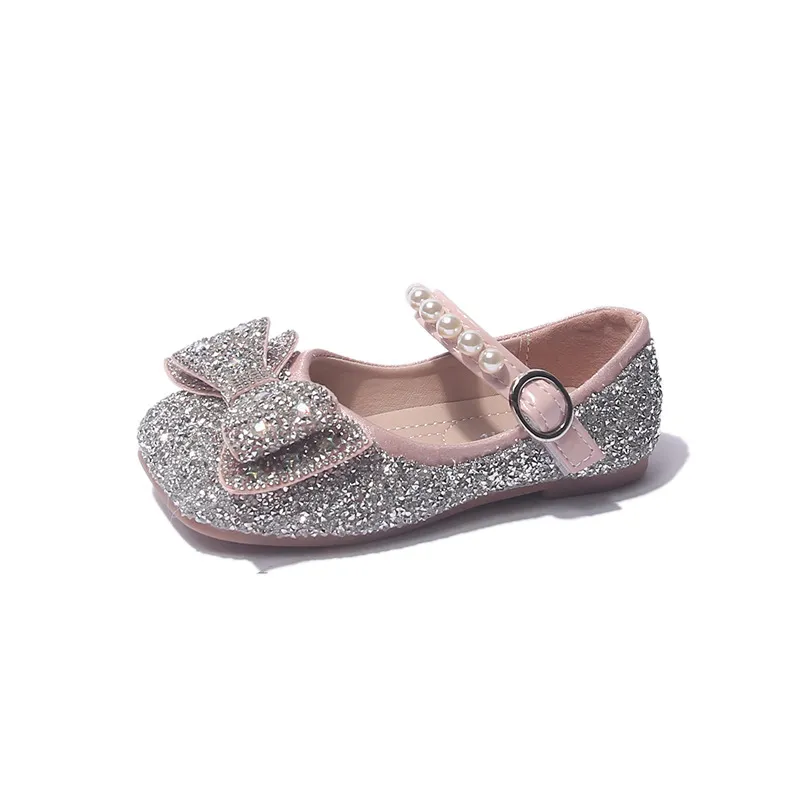 Children Leather Shoes For Girls Toddlers Kids Dress Shoes For Wedding Party Glitter Sequined Fabric With Bow-knot Mary Jane