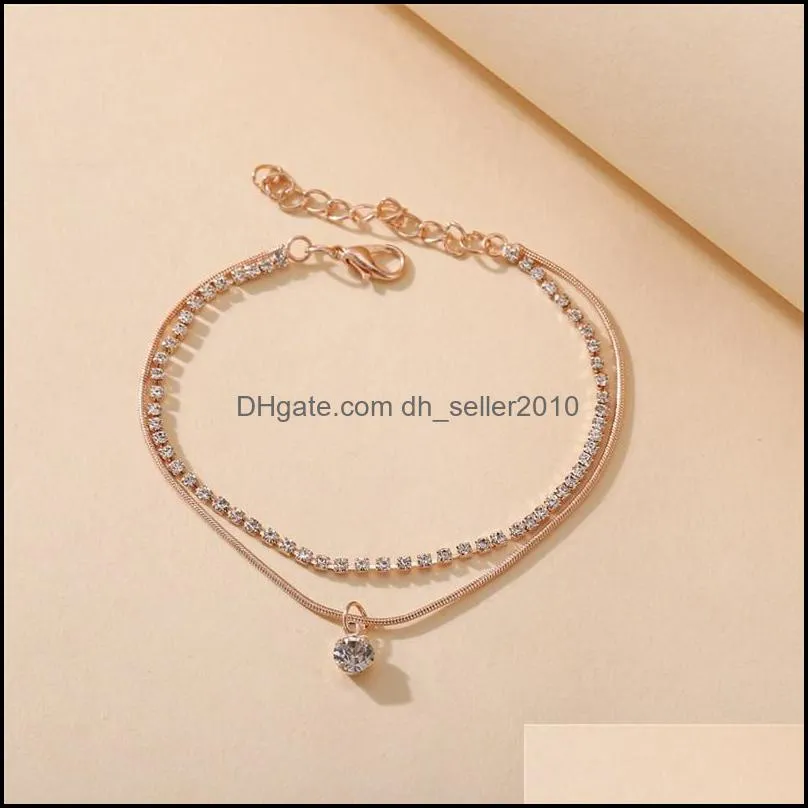 New Fashion Gold Plated Multi Layer Chain Anklet Bracelet For Women Simple Snake Chain Round CZ Zircon Dangle Charms Anklets 341 J2