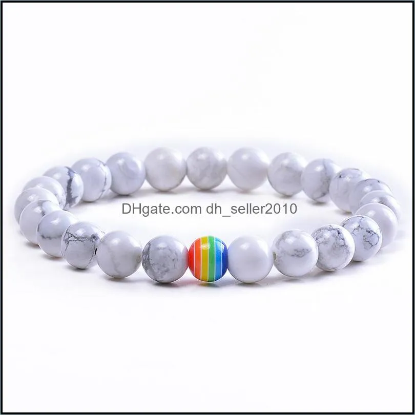 Fashion Rainbow Bead Couple Strands Bracelet Set Handmade Natural Stone Black Lava Rock Howlite Bracelet LGBT Gay Bangle Women Men Jewelry 326