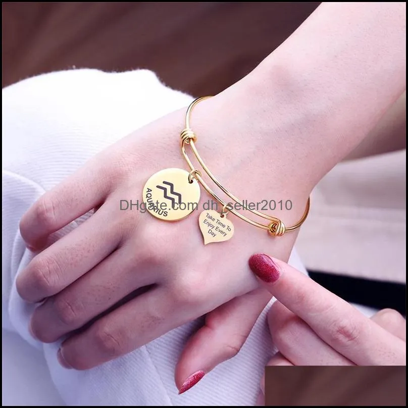 12 Constellation Zodiac Bangle Cuff Take Time Enjoy Every Day Letter Carved Heart Coin Charm Stainless Steel Adjustable Bracelet 3518