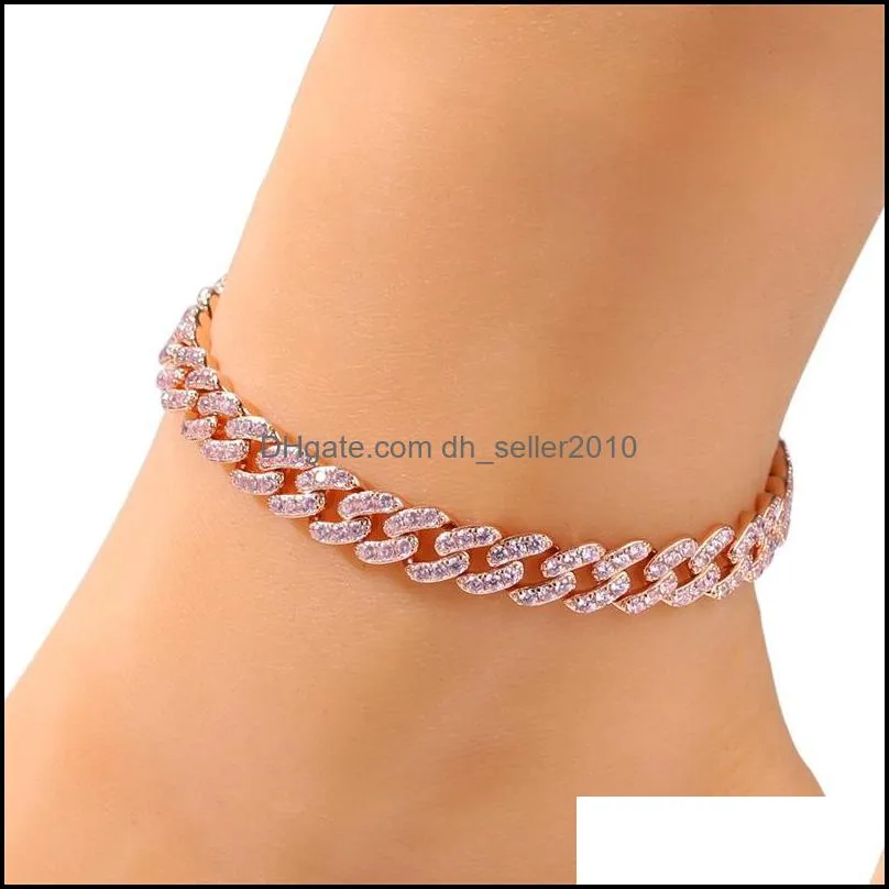 Womens Anklets Bracelet Iced Out Cuban Link Anklets Bracelets Gold Silver Pink Diamond Hip Hop Anklet Body Chain Jewelry 668 Q2