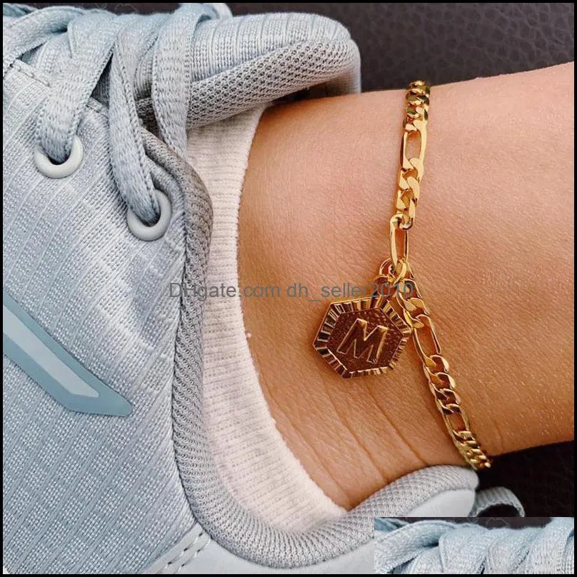 Anklets A-Z Letter Hexagon Initial Anklets For Women Gold Stainless Steel Ankle Bracelet On The Leg Female Foot Chain Anklet Jewelry 186