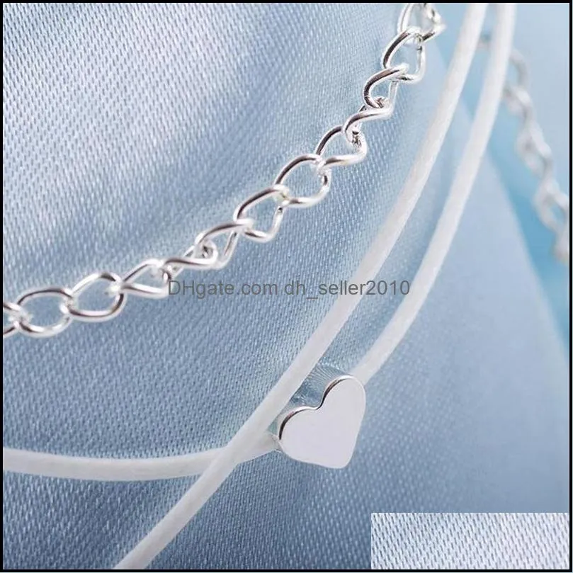 Silver Heart Ankle Bracelet Multi Layer Womens Anklet Adjustable Chain Beach 471 Z2