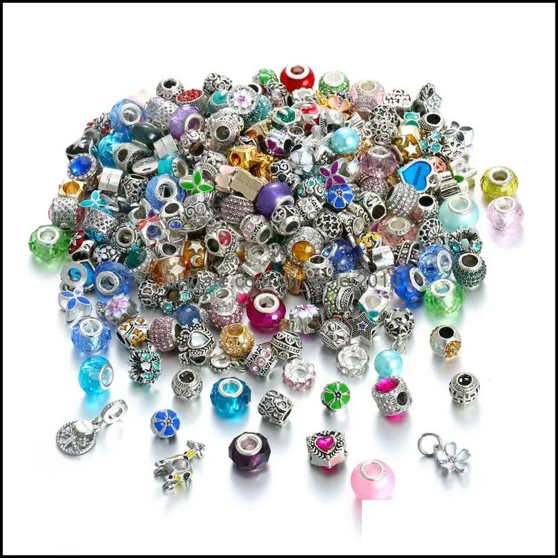 50PCS Mixed Styles Wholesale Multicolor Crystal Alloy Beads Charms For DIY Jewelry European Bracelets Bangles Women Girls Gifts 1381