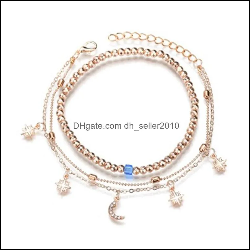 Bohemian Crystal Anklet Set Beads Moon Star Gold Handmade Multilayer Ankle Bracelet for Women Party Summer Beach Foot Jewelry Leg 191
