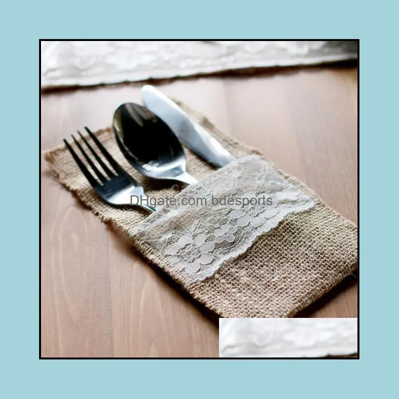 21x11cm Natural Jute Burlap Lace Cutlery Holders Packaging Fork and Knife Bag for Birthday Wedding Party Decoration